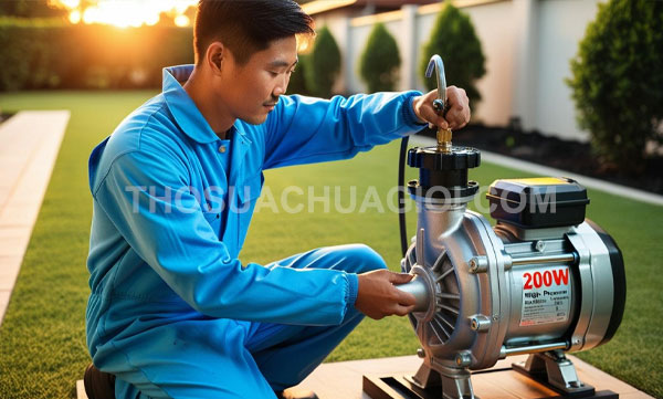 Thợ sửa máy bơm nước xã Hiệp Phước