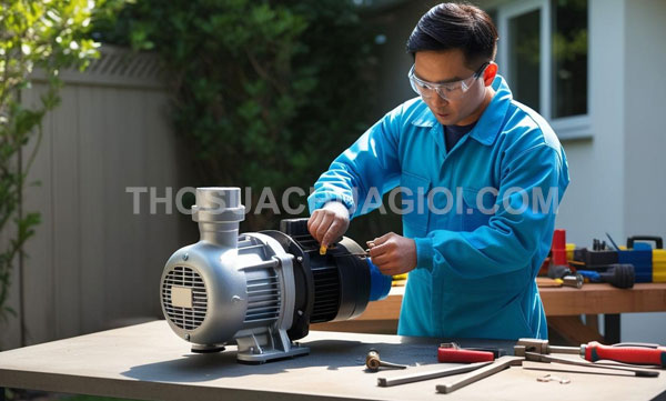 Thợ sửa máy bơm nước xã Tân An Hội