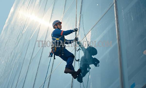 Thợ vệ sinh kính tòa nhà phường Linh Đông