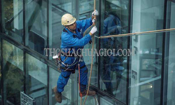 thợ vệ sinh kính tòa nhà xã hòa phú
