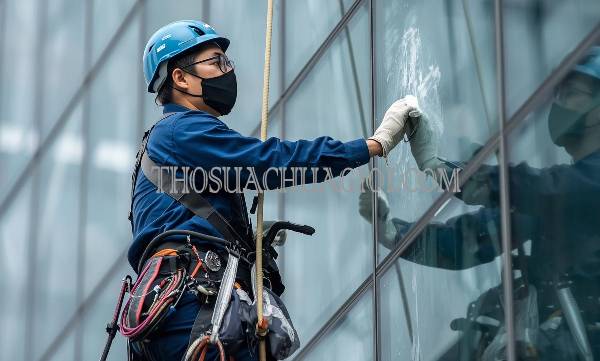 thợ vệ sinh kính tòa nhà xã nhị bình