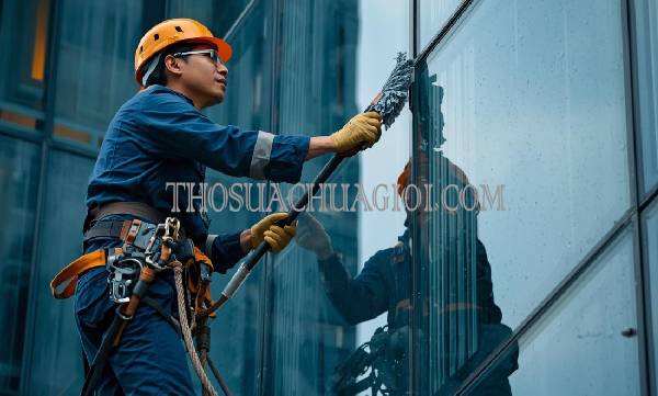 thợ vệ sinh kính tòa nhà xã phước lộc