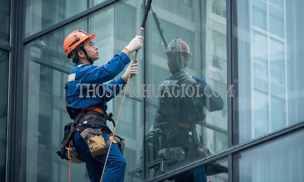 thợ vệ sinh kính tòa nhà xã phước thạnh